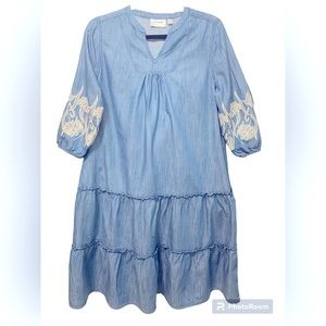 National Denim Tiered Embroidered Chambray Denim Dress With Pockets Boho Medium